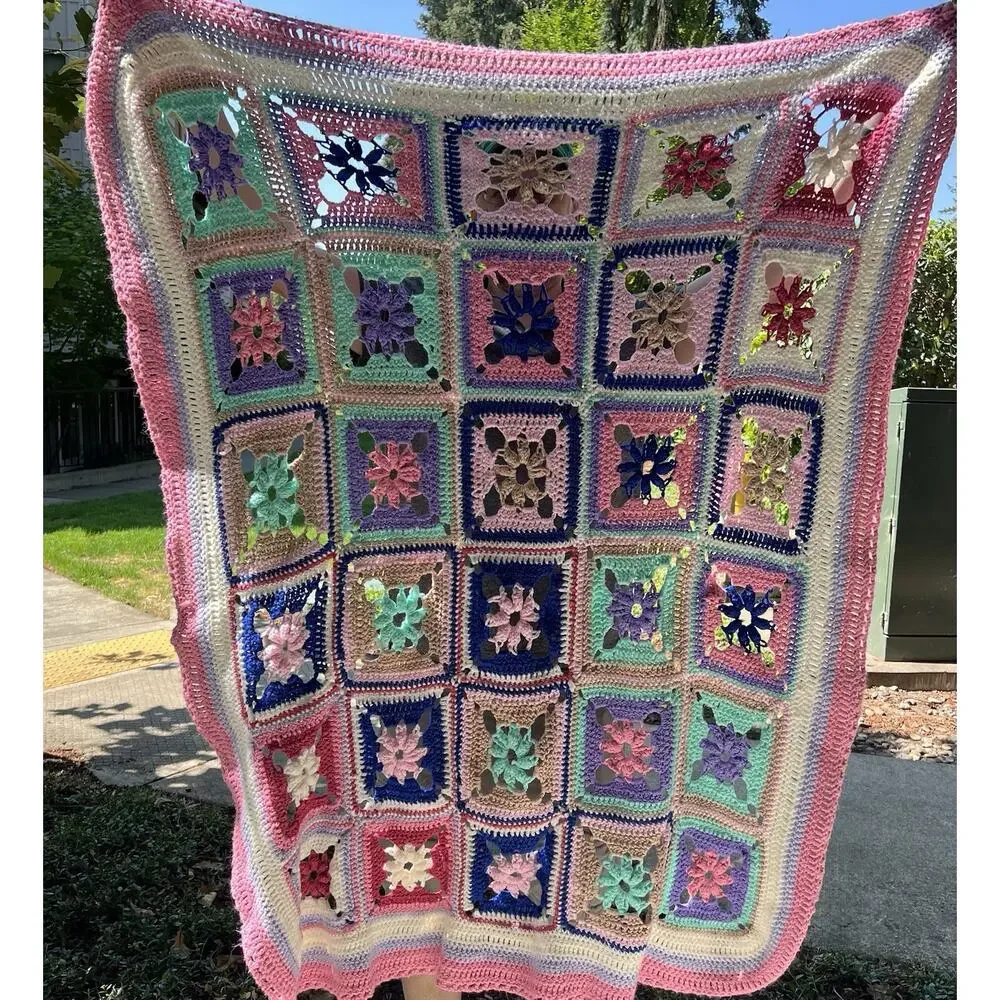 Vintage Granny Square Afghan Blanket Pink Mint Purple Mauve Blue Loose Knit
